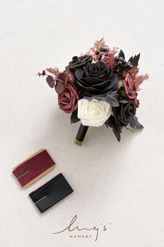 Ling's moment Black Artificial Wedding Flower Bouquets for Bridesmaids Burgundy Floral Bouquet Mashala Bridesmaid Bouquets with Ribbon Ceremony Anniversary,7-inch Diameter - color: Red-burgundy Red & Black