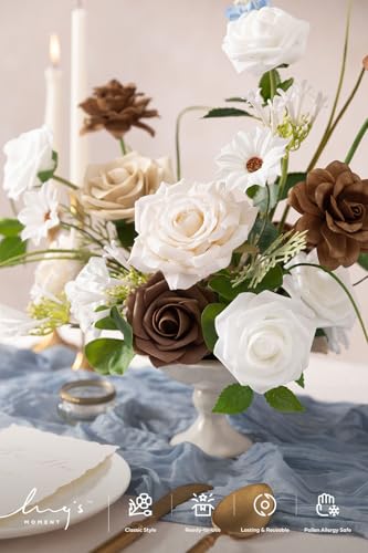 Ling's moment Artificial Flowers Fake Silk Daisy Faux Gardenia Foam Roses Combo for DIY Wedding Bouquets Centerpieces Arrangement Bridal Shower Party Home Decoration, Tawny Beige & Earth Brown, 24pcs - color: Beg-tawny Beige & Earth Brown
