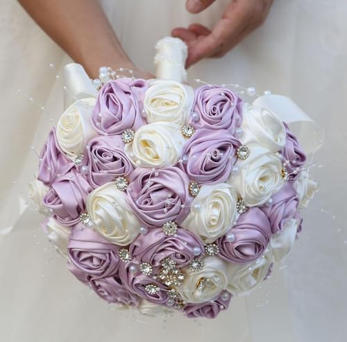 Ujicde Romantic Wedding Bouquet Bridal Bridesmaid Round Bling Brooch Bouquet Throw Toss Artificial Rose Flower Bunch with Sparkle Rhinestone Crystal Decoration(Ivory+Purple,Dia. 6.3"*16cm) - color: Ivory+purple, size: Dia. 6.3"*16cm