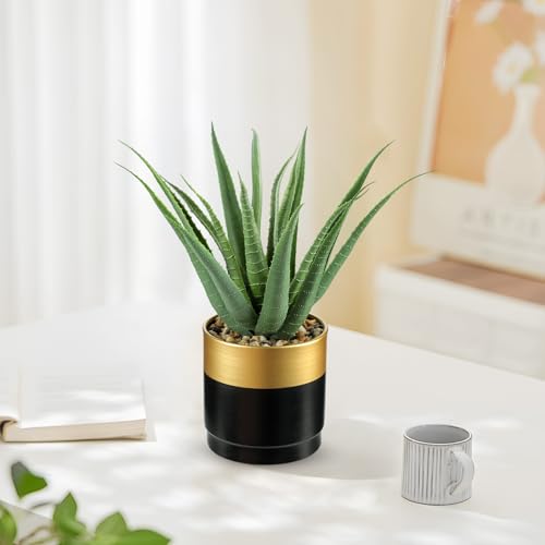 Briful Succulents Artificial Plants Realistic Agave Plant, Gold Black Metal Pot, Farmhouse Aloe Vera Fake Plants for Home Office Desk Bathroom Shelf Decorations - color: Green Agave Gold Black Vase