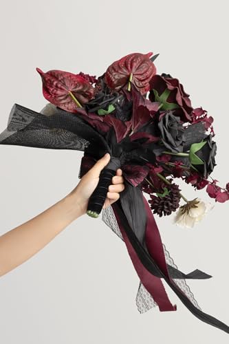 Ling's moment Black and Burgundy Wedding Bouquets for Bride, Gothic Bridal Bouquets for Bride, 13 Inch Free Form Artificial Wedding Flower Bouquet - color: Blk-moody Burgundy & Black, size: Small 13 Inch
