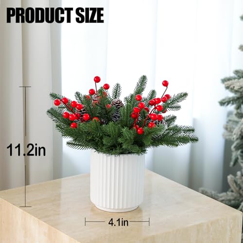 13 Inch Artificial Norfolk Pine Branches with Red Berry in a White Ceramic Pot,Christmas Greenery with Lights Pine Cones for Xmas Kitchen Living Room Tabletop Decor (40 Pcs) - color: Ceramic Pot&norfolk Pine