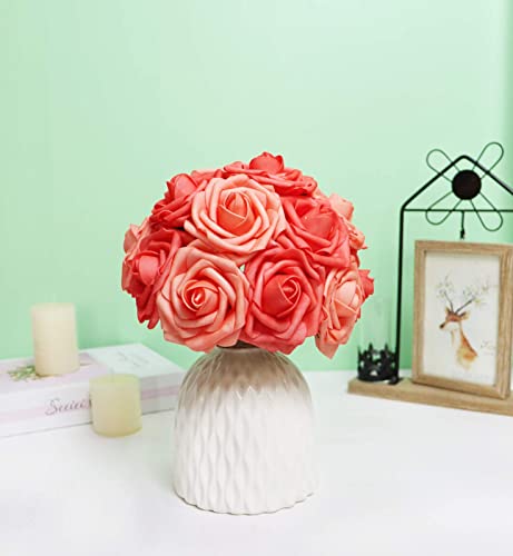 Artificial Flowers 50PCS Real Looking Mixed Living Coral Fake Roses with Stem for DIY Wedding Bouquets Centerpieces Baby Shower Party Home Decorations - color: Mixed Living Coral, size: 3"/50pcs