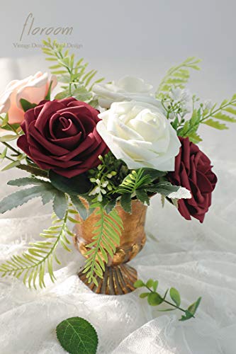 Floroom Artificial Flowers 50pcs Real Looking Burgundy Foam Fake Roses with Stems for DIY Wedding Bouquets Red Bridal Shower Centerpieces Floral Arrangements Party Tables Home Decorations - color: Burgundy, size: 50Pcs