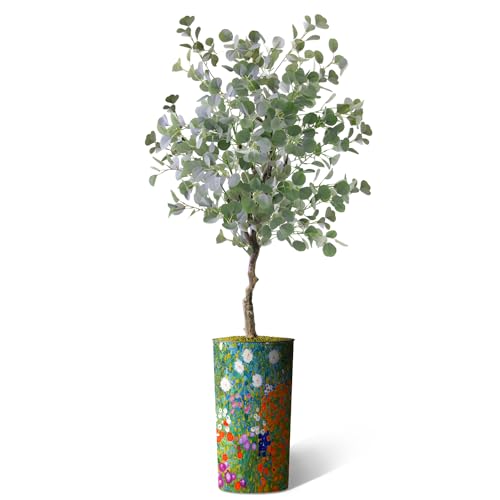 Artificial Tree in Colorful Flower Pattern Planter, Fake Eucalyptus Silk Tree for Indoor and Outdoor Home Decoration - 66" Overall Tall (Plant Pot Plus Tree) - style: Eucalyptus Tree