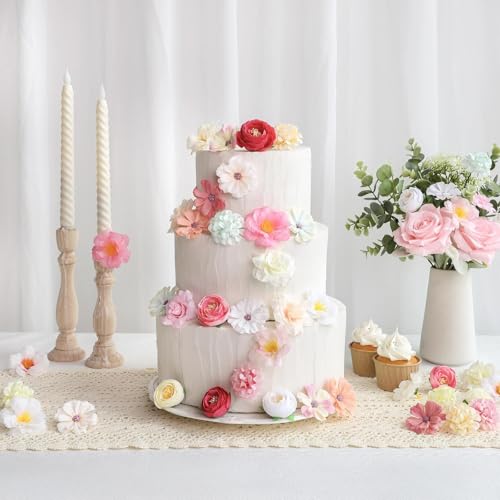 ATTGREAT Fake Flower Heads Mini Silk Flowrs Bulk Small Pink Flower 3D Loose Faux Daisy Rose Sunflowers Plum Blossoms Craft for Wedding Party Cake Baby Shower Home Decor, 110Pcs(Pink) - color: Pink