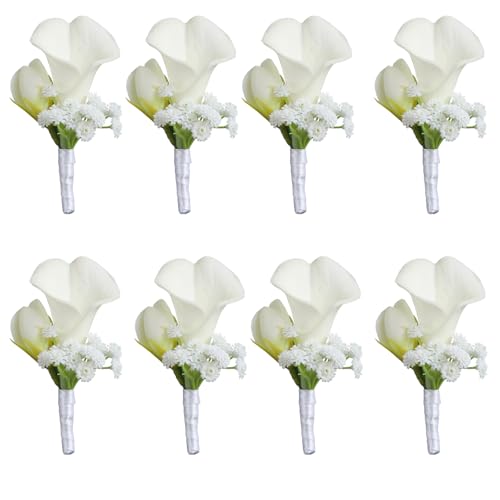 Artificial Calla Lily Wedding Boutonniere Groom and Groomsmen Buttonholes Flower with Pins Prom Party Suit Decoration Anniversary Accessories for Man (White -A,8) - color: White -a