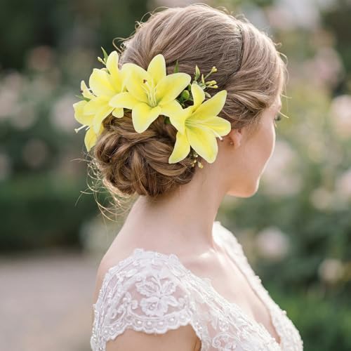 20Heads Yellow Fake Lily Artificial Flowers 4 Bundles Silk Lilies with Stems Easter Lily Faux Flowers for Wedding Party Home Table Decor Indoor Graves Arrangements (Yellow) - color: Yellow