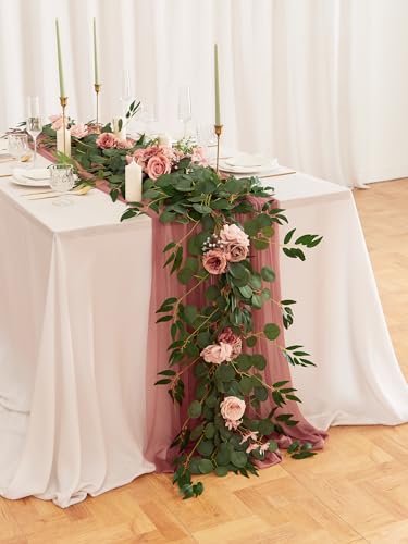MISSPIN 8FT Eucalyptus and Willow Leaf Garland with Artificial Flowers Fake Flower Peony Rose Vine Greenery Decorative Wall Hanging Plant for Spring Wedding Arch Door Arrangement Party Decor - color: Dusty Cream