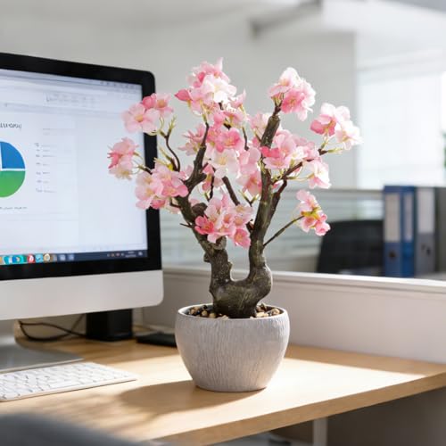 KAIRNE Artificial Pink Cherry Blossom Potted,15.7'' Tall Fake Bonsai Tree,Floral Faux Plant,Realistic Decorative Plants Potted,Flowers Table Decoration Gifts for Holiday Home Office Desk Spring Decor - color: Pink Cherry Blossom