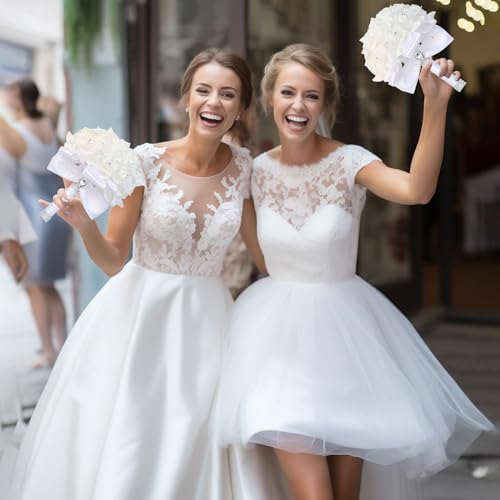 Wedding Bouquets for Bride, Bridal Flowers for Wedding, Bride Bridesmaid Hand Flowers Bridal Bouquet Crystal Diamond Silk Roses, Artificial Flowers Bouquet for Church Wedding Party (White) - color: White