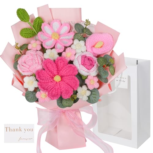 RICHMYC Crochet Flower Bouquet, 10.6 in Pink Handmade Crochet Bouquet Knitted Flowers Roses Tulip Flower, Mother’s Day Personalized Gifts for Birthday Anniversary Mom Women Wife Lover