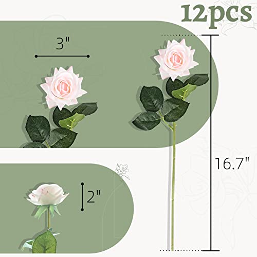 ZMZQ&flw 12PCs Artificial Roses, Real Touch Silk Flowers, Realistic Single Fake Flower with Stems Leaves for Wedding Table Bouquet Home Decor DIY, Light Pink - color: Light Pink 12pcs