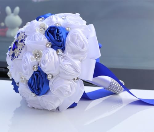 White and Royal Blue Bridal Wedding Bouquet for Bride Bridesmaid Quinceanera with Blue Brooch Rhinestone Satin Rose Flower Bouquet Wedding Royal Blue and White 7.5in - color: White & Royal Blue (Blue Brooch on Top), size: Diameter: 7.5 inches