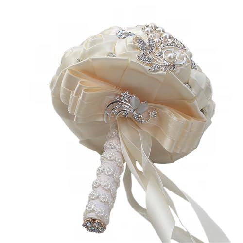 Wedding Bouquets Crystal Satin Rose Bride Bridal 7 Inch Bouquet Romantic Bridesmaid Holding Flower for Valentine's Day Confession Party Church (Creamy) - color: Creamy