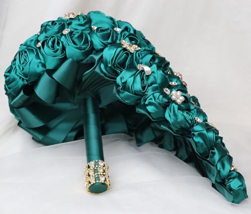 Luxury Cascade Bridal Wedding Bouquet Satin Rose Waterfall Holding Bouquet Artificial Flower Bunch for Bride Bridesmaid(Dark Green, 15" x 7.5") - color: Dark Green #3, size: 15"L x 7.5"W(38cm x 19cm)