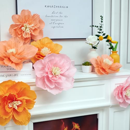 OBBOLO Crepe Paper Flowers, 10 Pcs Orange Pink Paper Flowers 12" Handcrafted Flowers for Baby Shower Wedding Birthday Backdrop Shower Party Nursery Craft Outdoor Wall Décor - color: Multi