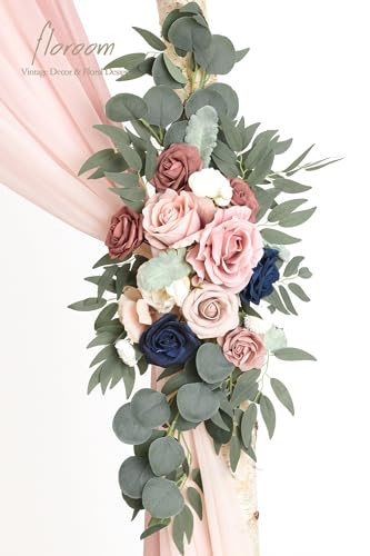 Floroom Arch Flowers with Drapes Kit (Pack of 4) - 2pcs Artificial Dusty Rose & Navy Blue Floral Swag Arrangement with 2pcs Draping Fabric for Wedding Ceremony Arbor and Reception Backdrop Decoration - color: Dusty Rose & Navy