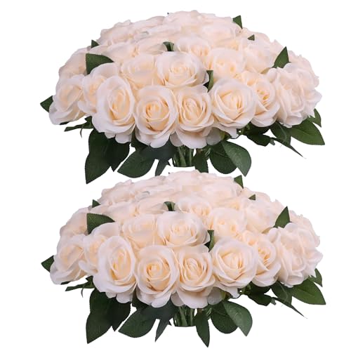 52pcs Champagne Roses Artificial Flowers Fake Flowers Silk Roses with Stems for DIY Wedding Bouquets Bridal Shower Centerpieces Arrangements Party Decorations - color: Champagne