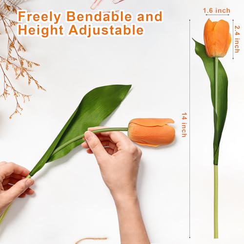 10 Stems Artificial Tulips Bouquet 14" Fake Tulips Flowers Realistic Faux Flowers for Wedding Home Party Decor Spring Decor Valentine's Day and Easter Decorations(Orange) - color: Orange