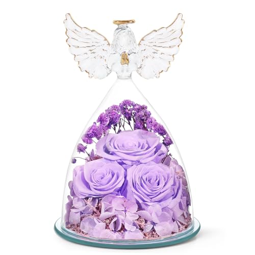 Mothers Day Flowers Gifts for Mom Flowers for Delivery Preserved Flowers Forever Real Fresh Roses in Glass Angel Figurines Birthday Gifts for Women Anniversary Present for Grandma Wife from Daughter - color: Light Purple (Rose, Baby's Breath, Hydrangea)