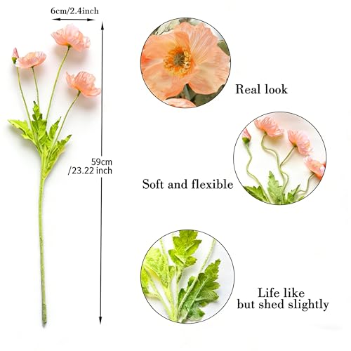HCTCPALS Artificial Flowers for Outdoors 6 Pcs Poppy Plant Realistic Silk Fake Flowers for UV Resistant Faux Plants Outdoor Indoor Outside Front Porch Hanging Planter Decoration-23.5” Champagne - color: Poppy Champagne