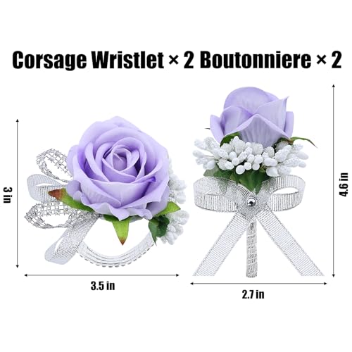 4Pcs Purple Rose Corsage and Men Boutonniere Set Women Wristlet Band Wrist Bracelets, for Prom Wedding Ceremony Flowers Decorations and Homecoming Party Accessories - color: Purple, size: 2 Boutonniere & 2 Wrist Corsage