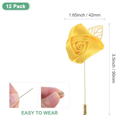 M METERXITY 12-Pack Flower Lapel Pins for Men, Golden Leaf Rose Boutonnieres Pin for Wedding/Dance/Party, Mens Lapel Pins for Suits Satin Flower Corsage Hat Pins [Yellow] - color: Yellow