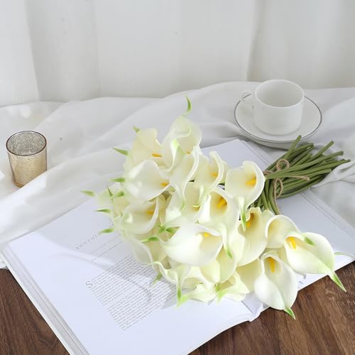 24 Pcs White Artificial Flowers Fake White Calla Lily Silk Flower Real Touch for Wedding Office Home Kitchen Decor - color: White