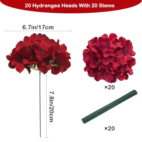 20 Pcs Dark Red Hydrangea Artificial Flowers Bulk, Faux Hydrangea Flowers Heads, Artificial Fake Silk Hydrangea Flowers with Stems, Red Flowers Artificial for Decoration Wedding Décor - color: Dark Red, size: 20 Pcs