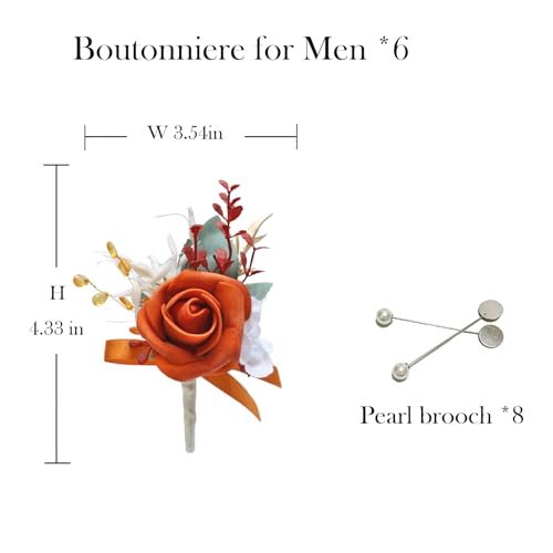 Marriwise 6pcs Rose Boutonniere for Men, Artificial Flowers Wedding Groom Groomsmen Boutonniere for Wedding/Anniversary/Prom/Rustic Wedding/Homecoming (Burnt Orange) - color: Burnt Orange
