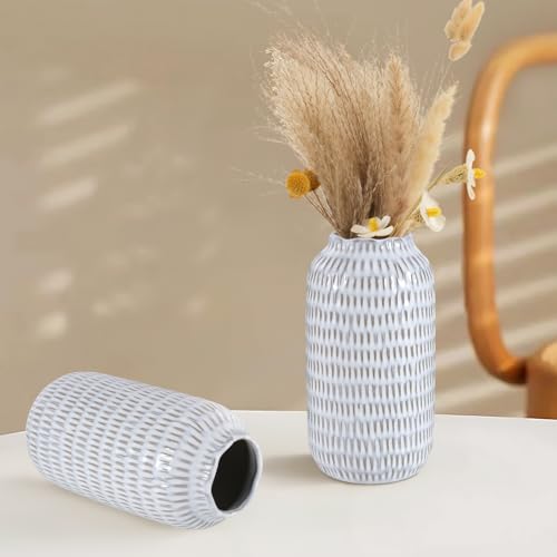 Ceramic Vase for Flowers – Modern Small Ribbed Textured Flower Vase for Home Decor, Pampas Grass, Decorative, Farmhouse, Coffee Table, Kitchen Centerpieces, Bookshelf and Home Living (Glaze White) - color: Glaze White