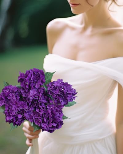6PCS Premium Deep Purple Hydrangea Artificial Flowers Bouquets, Silk Hydrangea Flowers with Stems, Fake Hydrangeas Arrangement, Faux Hydrangea Decor for Home Wedding Table Centerpieces (Deep Purple) - color: Deep Purple
