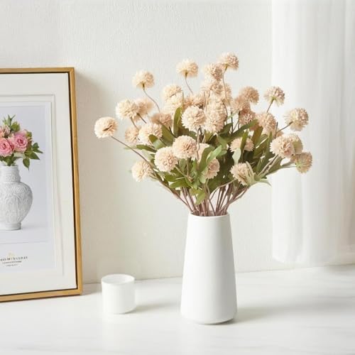 Artificial Mini Chrysanthemum Flowers 10pcs Faux Pompon Mum Stems for Vase Arrangements Home Decor Centerpiece (Beige) - color: Beige