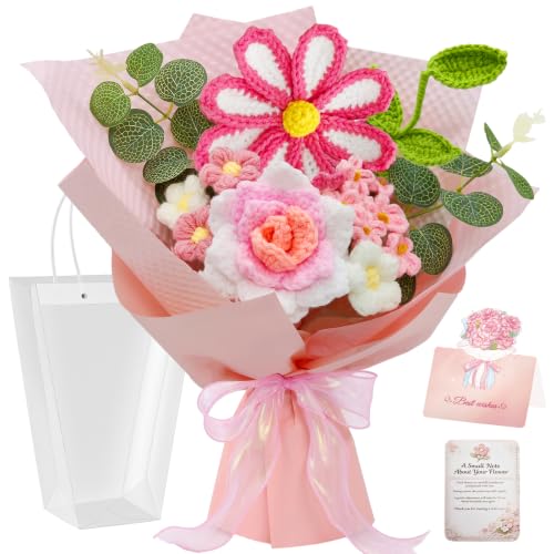 Crochet Flower Bouquet, Pink Handmade Knitted Flowers, Crochet Rose Flowers with Card Gift for Her Wife Lover Girlfriend Friends Valentines Day Birthday Mother's Day Graduation Wedding Home Decor - color: Pink Rose