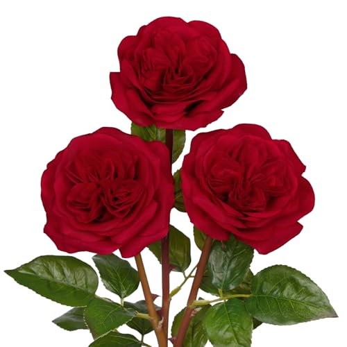 Artificial Roses - Set of 3 Long-Stem Real Touch Silk Rose, 24.4" Faux Flowers for Home Decor, Wedding Bouquets, Centerpieces & Floral Arrangements – Lifelike Red Fake Roses - color: Dark Red