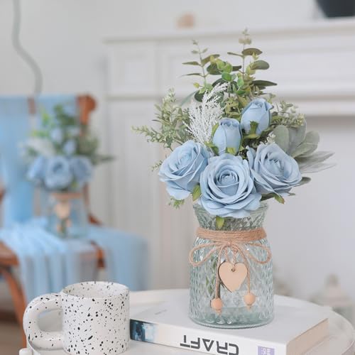 Faux Flowers with Vase,Artificial Silk Roses in Vase, Fake Plant Eucalyptus Flower Arrangement for Home Office Farmhouse Bathroom Dining Table Centerpiece Decorations Coffee Table Decor (Dusty Blue) - color: Dusty Blue