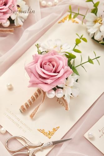 Serwalin 6PCS Pink Rose Boutonniere for Men Wedding Groom Groomsmen Best Man Boutonniere for Wedding Ceremony Anniversary Prom Flowers Formal Dinner Party - color: Pink, size: Boutonniere 6pcs