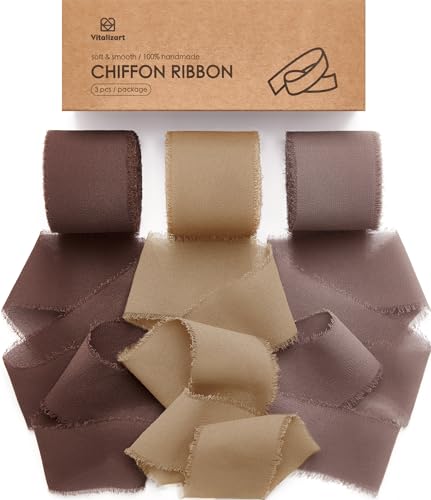 Vitalizart Brown Handmade Chiffon Silk Ribbon Fringe 1.5" x 21 Yd Brown & Nude Frayed Edges Ribbons for Wedding Invitations Bridal Bouquets Gifts Wrapping Crafts Holiday Party Decorations - color: Brown & Nude