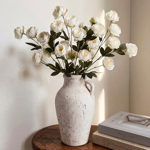 6 Pcs 32" Large White Artificial Peonies Stems Flowers, Real Look Faux Silk Peony Bouquet 42 Heads Total for Vase Filler, Farmhouse Rustic Neutral Home Decor, Wedding Centerpieces - color: White