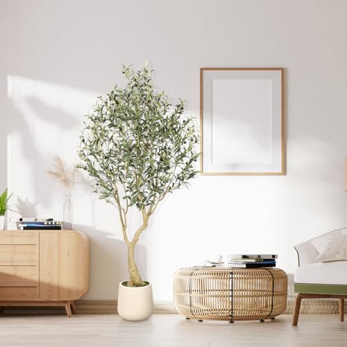 Realead 6ft Artificial Olive Tree with Tall Exquisite Planter - Realistic Faux Olive Tree with Thick Trunk and Lifelike Fruits - Large Fake Olive Tree for Home Office Decor - size: 6ft