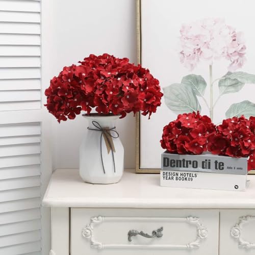 Fake Red Hydrangea Artificial Flowers - Faux Silk Hydrangeas Flowers Heads with Stems Real Touch for Home Wedding Party Table Decor(Red,Pack of 10) - color: Red