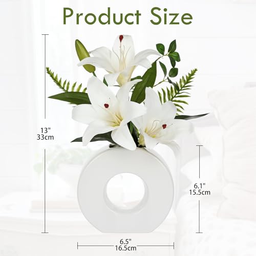 Artificial Flowers in Vase 13" Realistic Fake Lilies Flowers with 3 Heads Full Bloom Tiger Lily Floral Arrangement White Faux Flowers for Vase Table Centerpieces Home Wedding Bathroom Office Decor - color: White