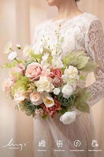 Ling's moment Coral Pink Wedding Bouquets for Bride, Blush Garden Bridal Bouquets for Bride, 13 Inch Free Form Artificial Wedding Flower Bouquet - color: Pk-blush Garden, size: Small 13 Inch