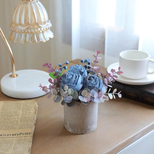 Small Artificial 2pcs Burnt Blue Rose Potted Plant, 6" Fake Silk Flowers in 3" Cylindrical Pot, Mini Faux Floral Arrangement for Desk Shelf Bathroom Decor - color: 2pcs Burnt Blue