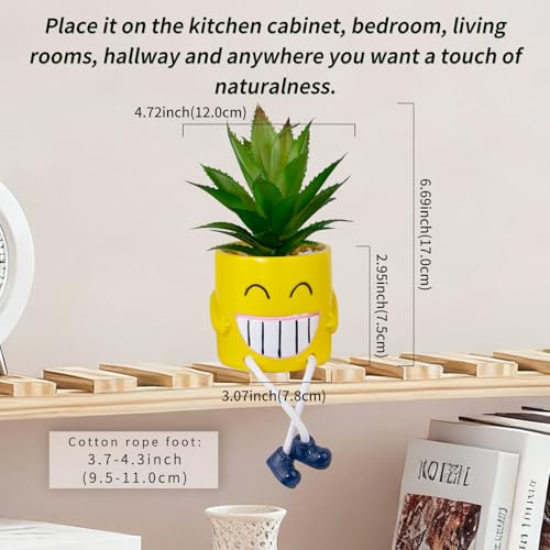Fake Plants Small Potted Succulents with Yellow Pot, Creative Artificial Succulent Plants in Hanging Leg Fun Pot, Mini Vibrant Faux Plant for Home Office Desk Decor and Gift Choice - color: 1pcs-yellow