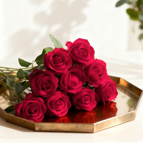 50Pcs Red Roses Artificial Flowers with Stems，Fake Roses Bouquet Fake Flowers Bulk，Silk Velvet Roses for Wedding Centerpieces Arrangement Baby Shower Birthday Home Decor Gifts - color: Red, size: 50