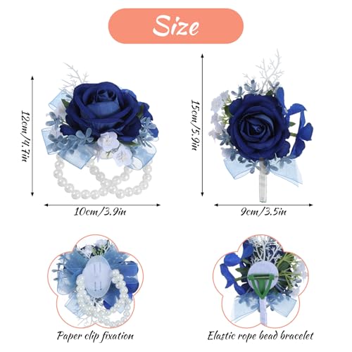 Grevosea 2 Pcs Blue Rose Corsage and Boutonniere Set, Artificial Wrist Double Pearl Corsage Wristlet Bracelets, Men Boutonniere for Wedding Party Formal Dinner Flowers Accessories Prom Suit Decor - color: Blue