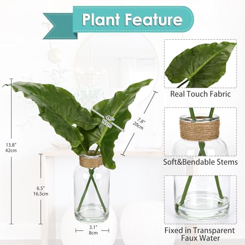 GnFlus Faux Greenery Stems in Glass Vase with Faux Water, Silk Alocasia Realistic Fake Plants Artificial Tropical Leaves for Home Office Farmhouse Wedding Centerpiece Décor - color: Alocasia #1