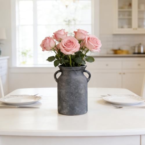 Black Glass Vase with Handles - Rustic Imitation Ceramic Flower Vase 8 Inches, Vintage Matte Black Centerpiece Decor for Modern Farmhouse, Industrial Home, Gothic & Minimalist Table Decorations - color: Black